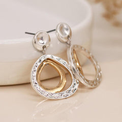 HAMMERED WORN SILVER TEARDROP STUD EARRINGS WITH WORN FAUX GOLD INNER TEARDROP