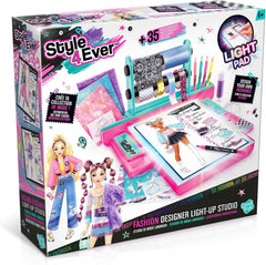 Style 4 Ever Fashion Designer Light Up Studio, Design Dream Outfits from Scratch, LED Drawing Pad, DIY Fashion Design Kit for Kids 6+ – Real Fabrics, Stickers & Gems Included