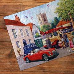 Gibsons Touring the Town 500 Piece Jigsaw Puzzle for Adults Vintage Cars & British Village Scene Nostalgic Countryside Gift