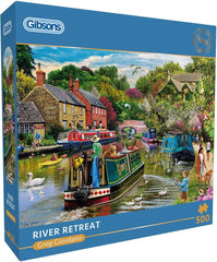 Gibsons River Retreat 500 Piece Jigsaw Puzzle Beautiful Colourful Artwork Canal Boats Nostalgic Sustainable Jigsaw Puzzle for Adults Teens Premium 100% Recycled Board Great Gift |