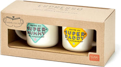 2 COFFEE MUGS - ESPRESSO FOR TWO - SUPER MUMMY AND SUPER DADDY