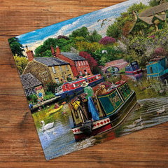 Gibsons River Retreat 500 Piece Jigsaw Puzzle Beautiful Colourful Artwork Canal Boats Nostalgic Sustainable Jigsaw Puzzle for Adults Teens Premium 100% Recycled Board Great Gift |