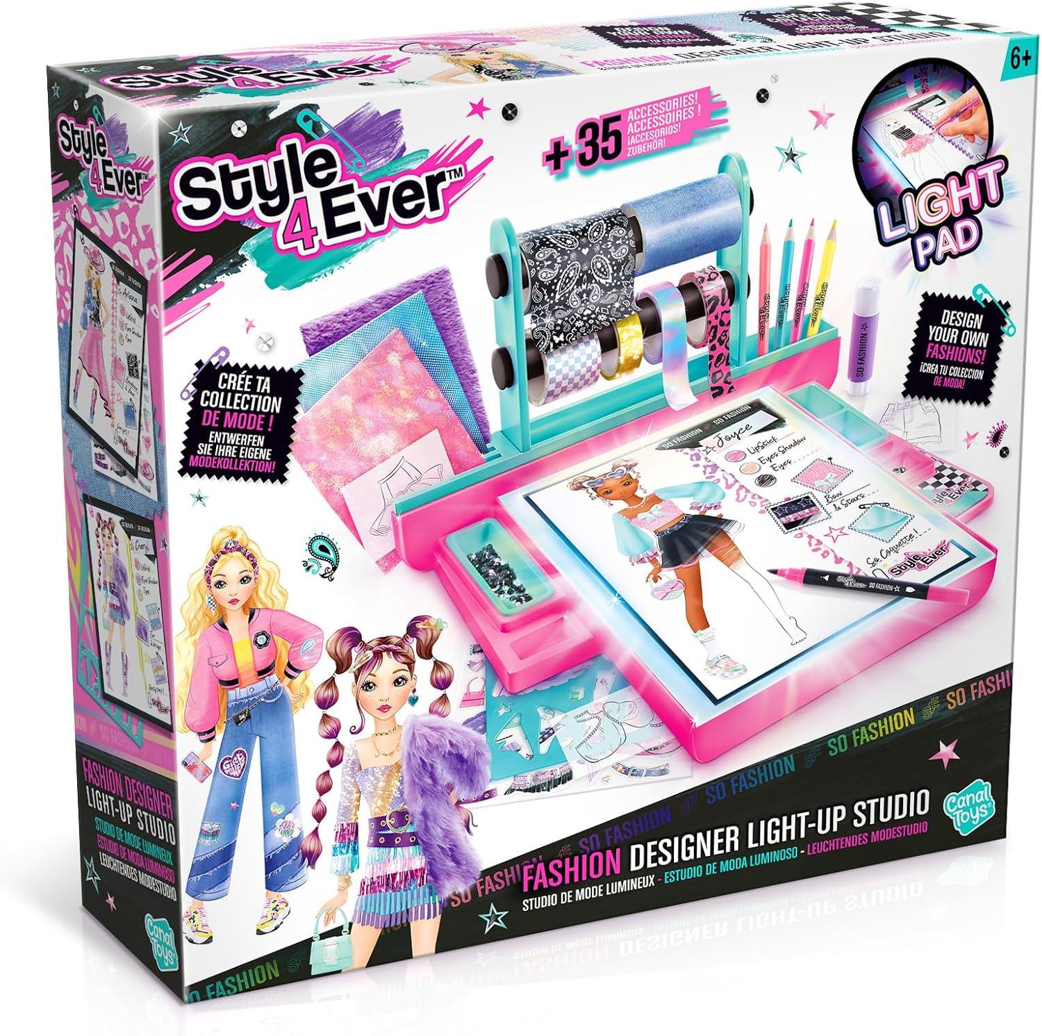 Style 4 Ever Fashion Designer Light Up Studio, Design Dream Outfits from Scratch, LED Drawing Pad, DIY Fashion Design Kit for Kids 6+ – Real Fabrics, Stickers & Gems Included