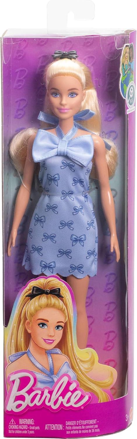 Barbie Fashionistas Doll #237 with Wavy Blonde Ponytail Wearing Blue Bow Halter Dress, Black Hair Bow Accessory and Matching Blue Heels