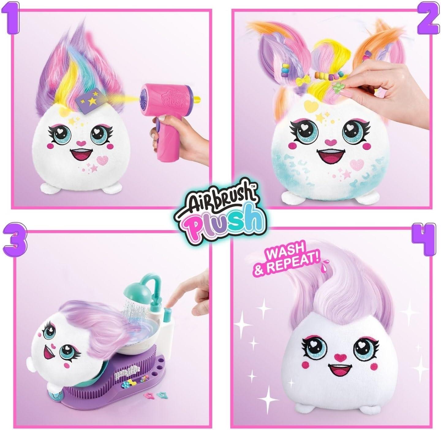 Airbrush Plush Hair’iffic Salon – Ultimate Custom Plush Makeover Kit with Battery Powered Airbrush, Washable Chalk Pens, Salon Shower, 120+ Stencils & 20+ Hair Accessories