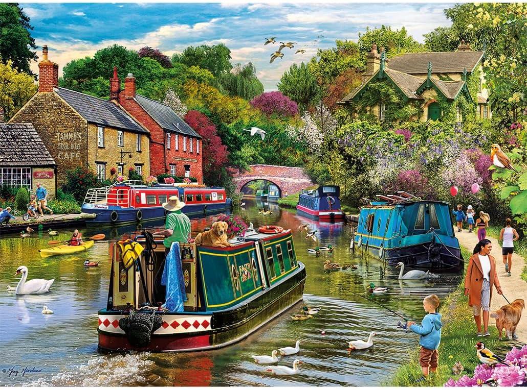 Gibsons River Retreat 500 Piece Jigsaw Puzzle Beautiful Colourful Artwork Canal Boats Nostalgic Sustainable Jigsaw Puzzle for Adults Teens Premium 100% Recycled Board Great Gift |