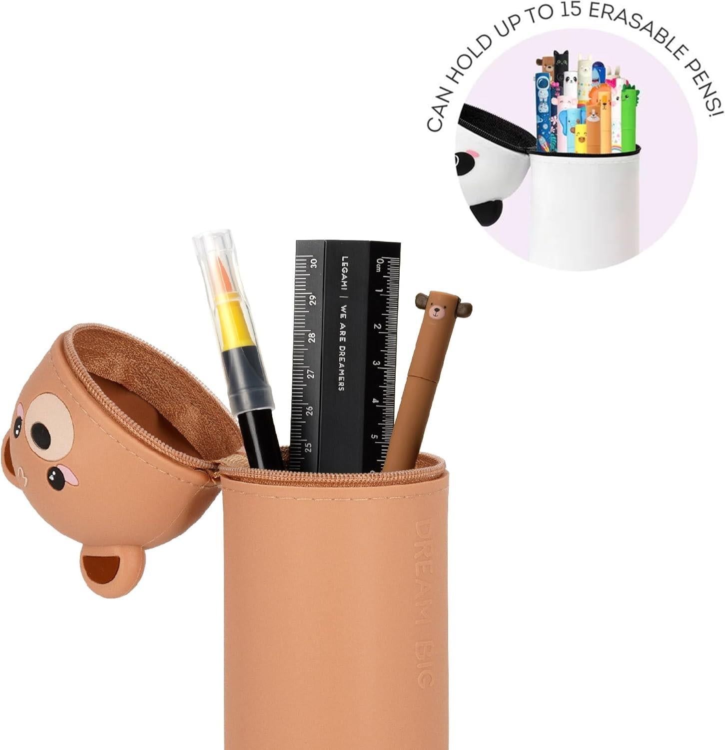 Legami - 2 in 1 Soft Silicone Teddy Bear Pencil Case - Kawaii, Zipper Pen Holder
