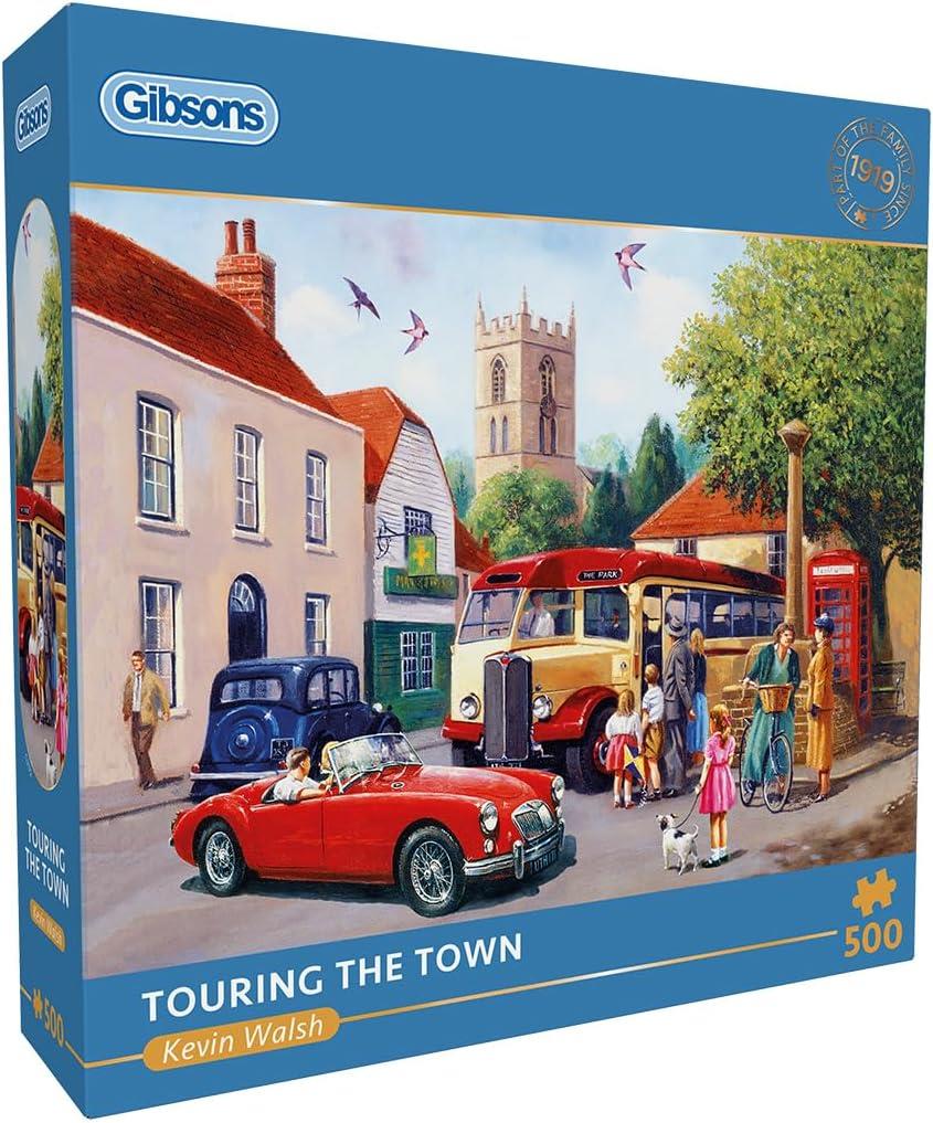 Gibsons Touring the Town 500 Piece Jigsaw Puzzle for Adults Vintage Cars & British Village Scene Nostalgic Countryside Gift