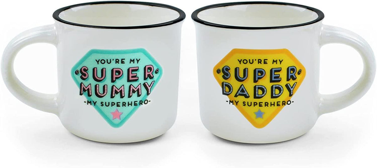 2 COFFEE MUGS - ESPRESSO FOR TWO - SUPER MUMMY AND SUPER DADDY