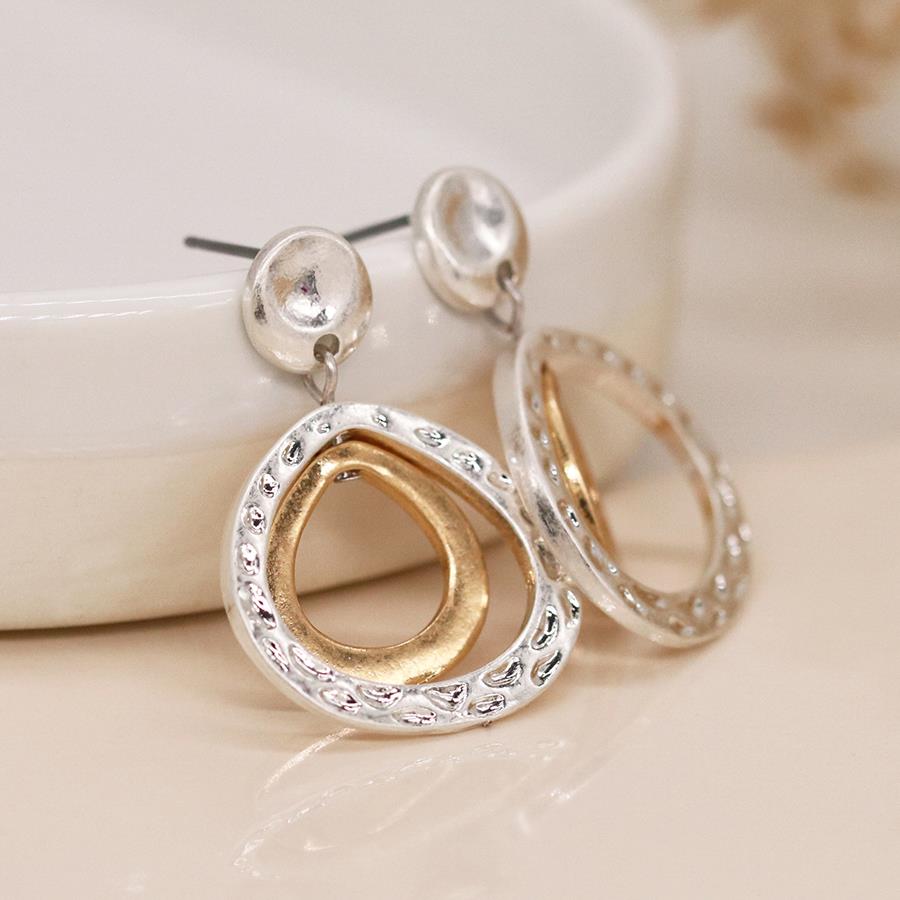 HAMMERED WORN SILVER TEARDROP STUD EARRINGS WITH WORN FAUX GOLD INNER TEARDROP