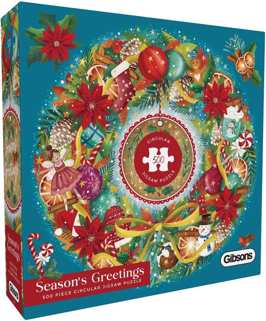 Gibsons Seasons Greetings 500 Piece Circular Jigsaw Puzzle  Challenging Christmas Wreath Design Festive