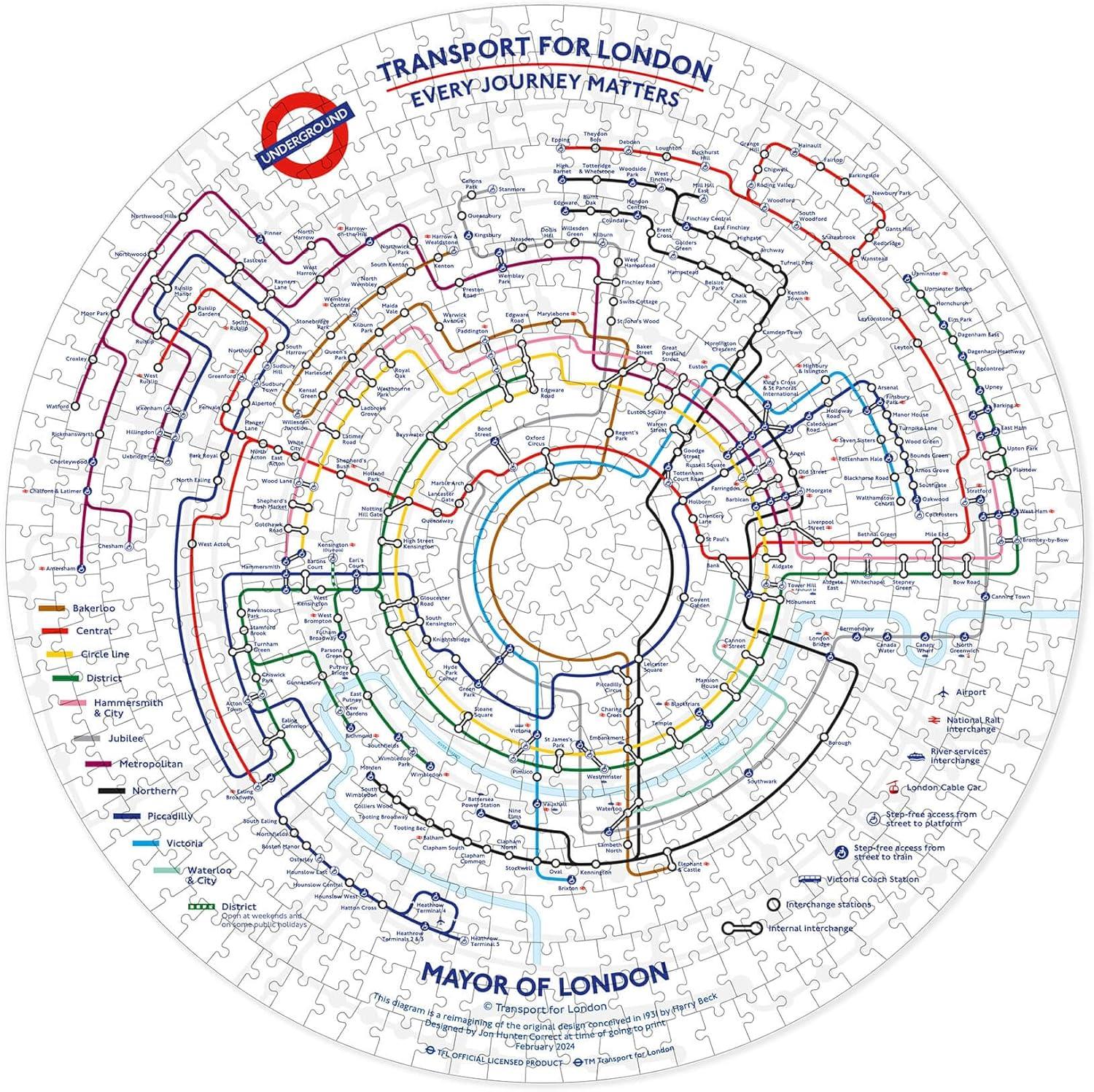 Gibsons TfL Circular Underground Tube Map 500 Piece Round Jigsaw Puzzle for Adults | Great Britain London Transport | Made in the UK |
