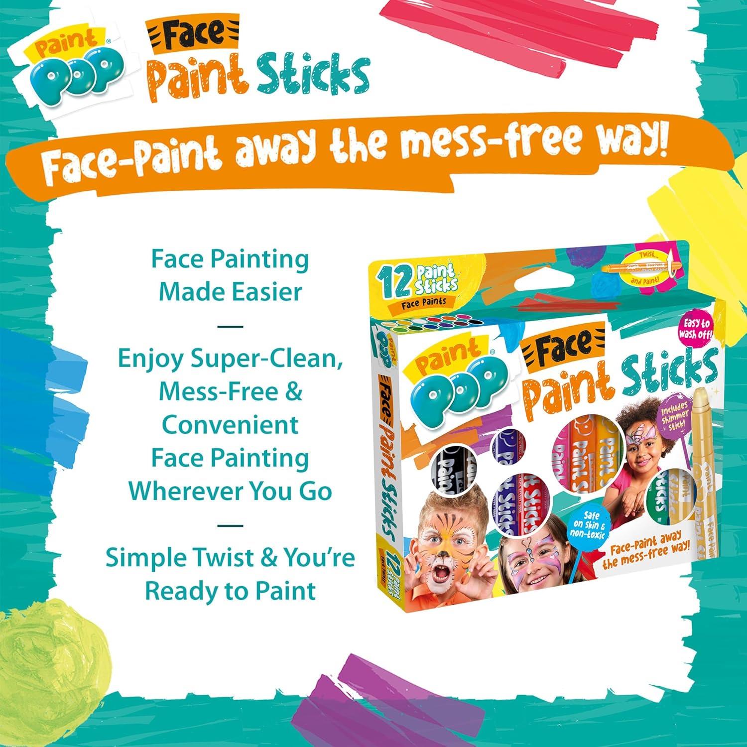 Paint Pop Paint Sticks For Kids - 12 Pack Face Paints Assorted Colours - Twist & Paint, Mess-Free, Fast Drying Action, Easy Clean Up, Vibrant Colours,25 Milliliters