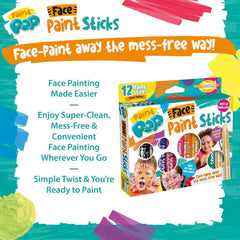 Paint Pop Paint Sticks For Kids - 12 Pack Face Paints Assorted Colours - Twist & Paint, Mess-Free, Fast Drying Action, Easy Clean Up, Vibrant Colours,25 Milliliters