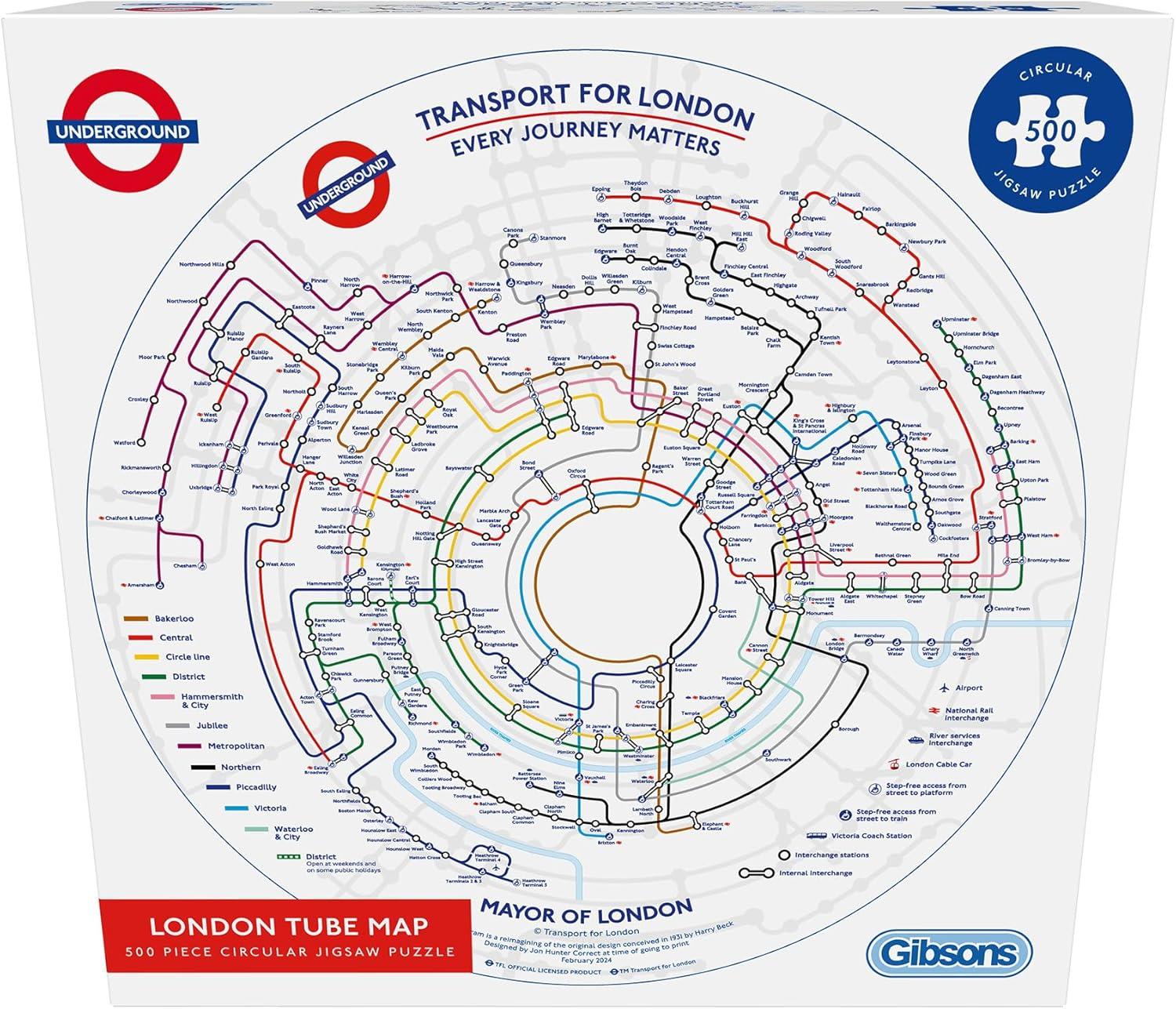 Gibsons TfL Circular Underground Tube Map 500 Piece Round Jigsaw Puzzle for Adults | Great Britain London Transport | Made in the UK |