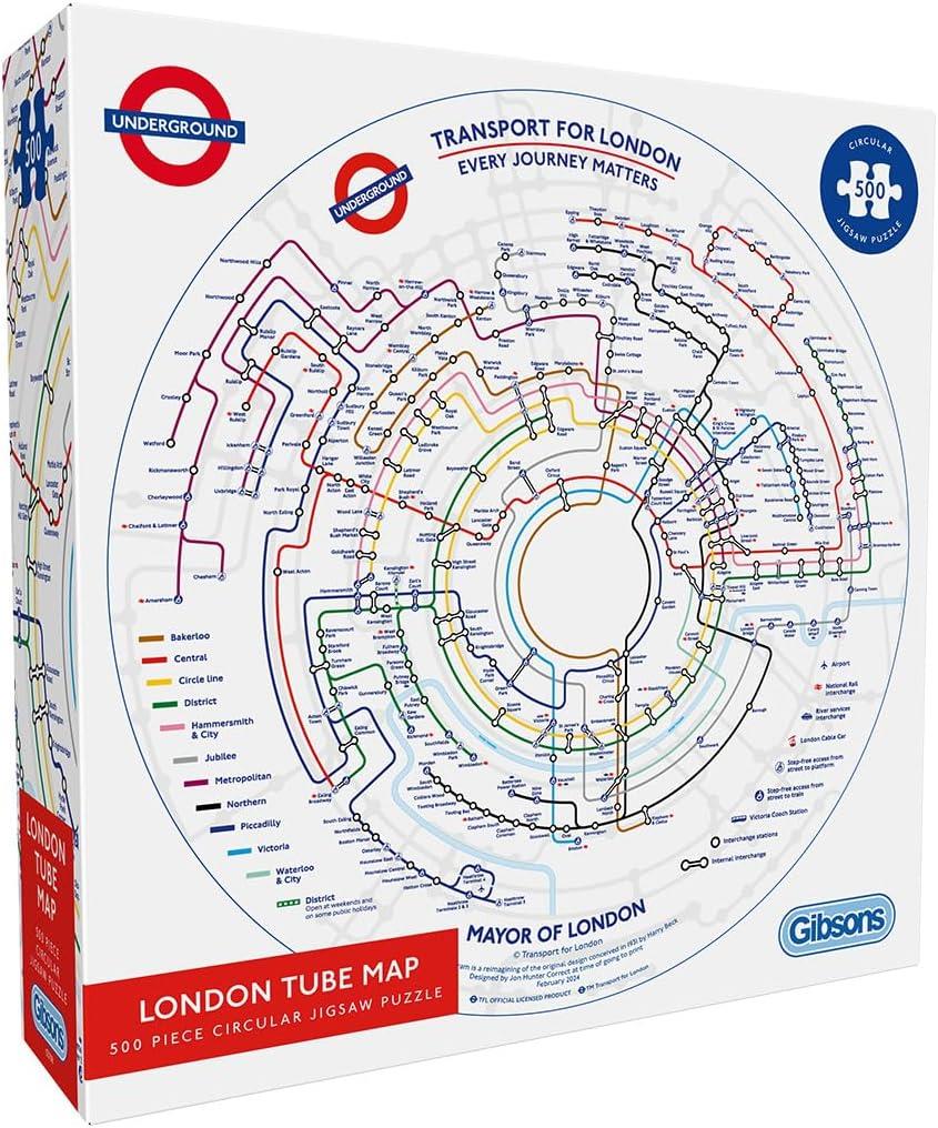 Gibsons TfL Circular Underground Tube Map 500 Piece Round Jigsaw Puzzle for Adults | Great Britain London Transport | Made in the UK |
