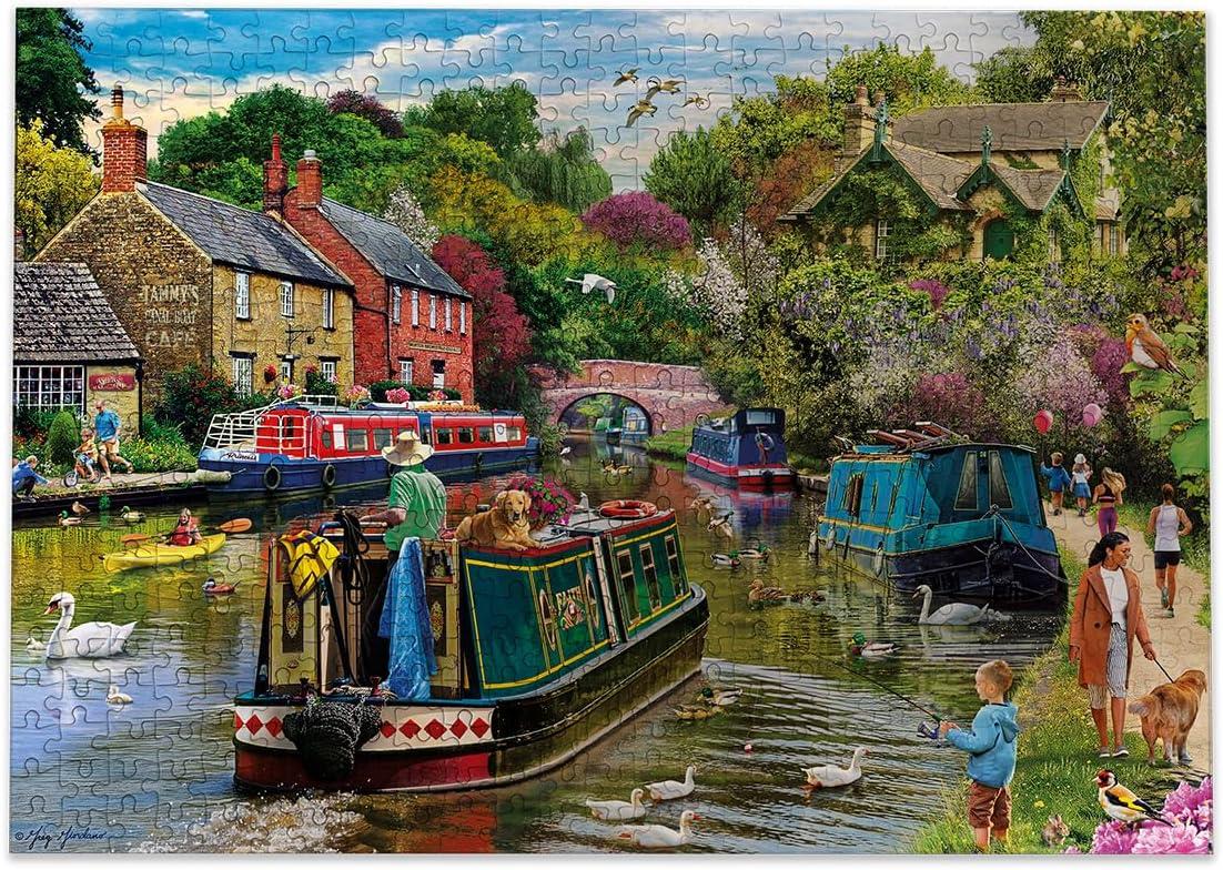 Gibsons River Retreat 500 Piece Jigsaw Puzzle Beautiful Colourful Artwork Canal Boats Nostalgic Sustainable Jigsaw Puzzle for Adults Teens Premium 100% Recycled Board Great Gift |