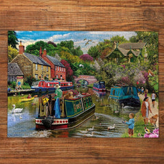 Gibsons River Retreat 500 Piece Jigsaw Puzzle Beautiful Colourful Artwork Canal Boats Nostalgic Sustainable Jigsaw Puzzle for Adults Teens Premium 100% Recycled Board Great Gift |