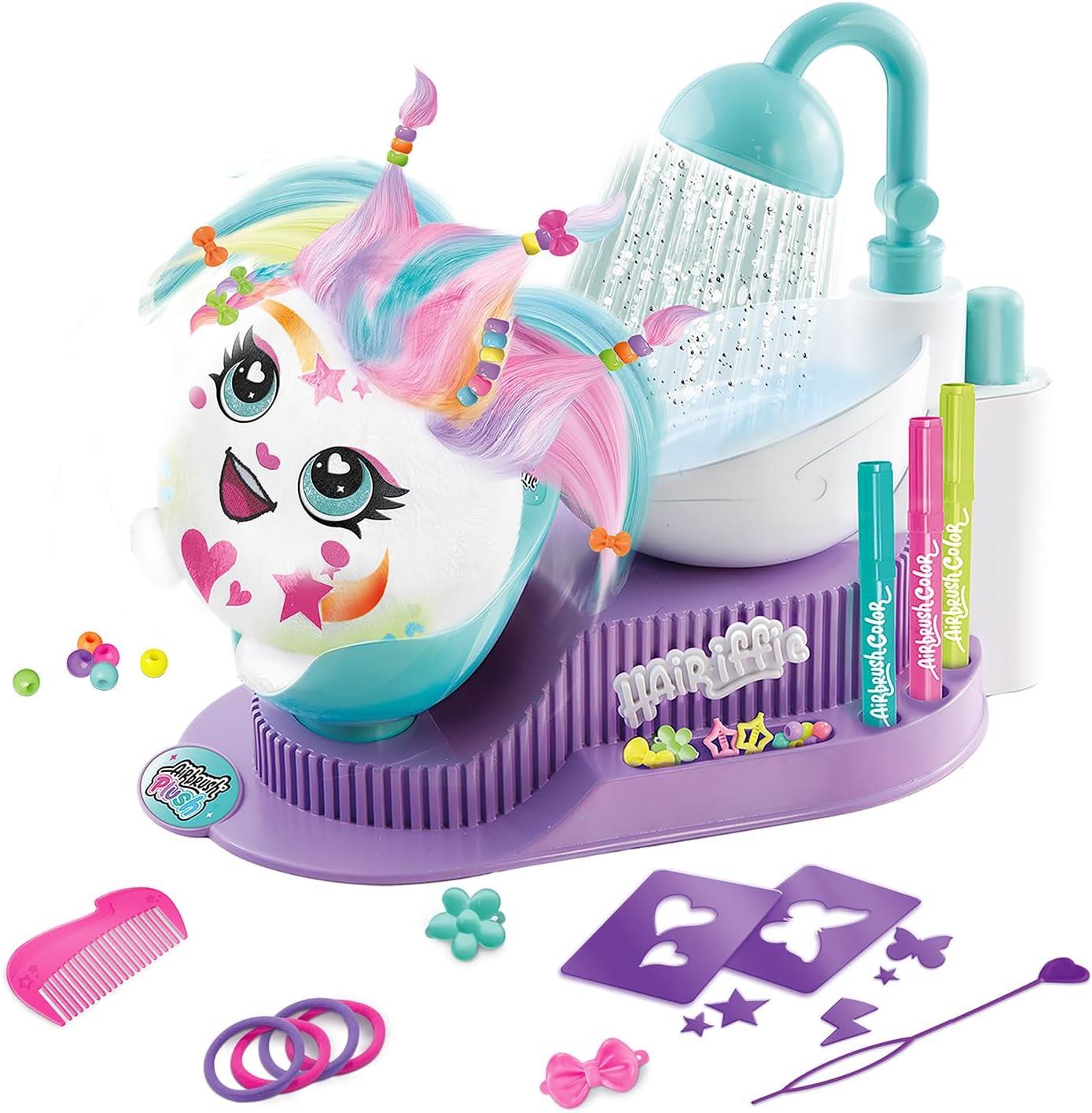 Airbrush Plush Hair’iffic Salon – Ultimate Custom Plush Makeover Kit with Battery Powered Airbrush, Washable Chalk Pens, Salon Shower, 120+ Stencils & 20+ Hair Accessories