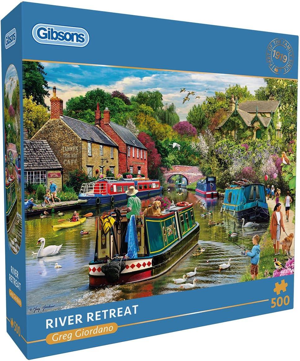 Gibsons River Retreat 500 Piece Jigsaw Puzzle Beautiful Colourful Artwork Canal Boats Nostalgic Sustainable Jigsaw Puzzle for Adults Teens Premium 100% Recycled Board Great Gift |