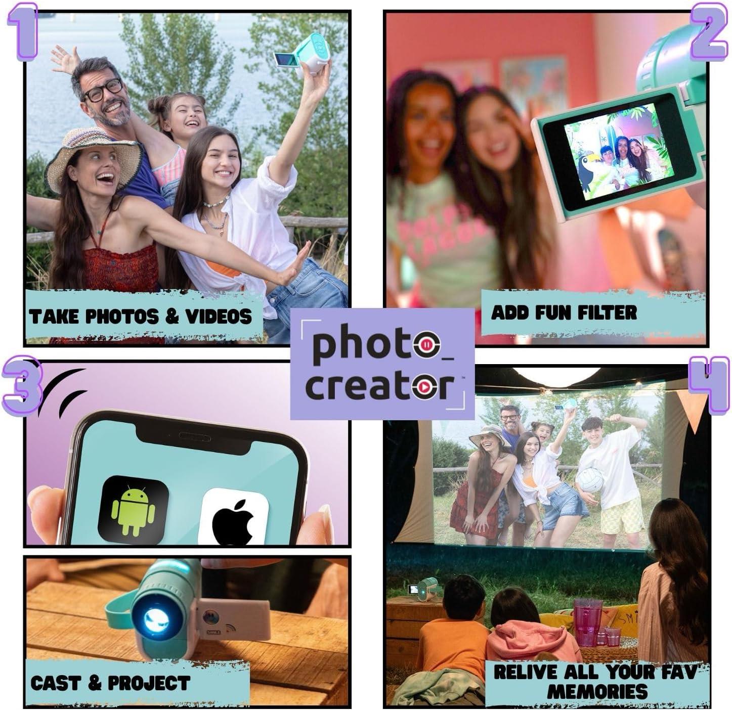 Photo Creator Camera Projector – Kids HD Video & 48MP Photo Camera with WiFi Casting from Smartphone, 2.4" Screen & Projector up to 90" – Fun Gift for Kids & Families- 16GB SD Card & Stickers