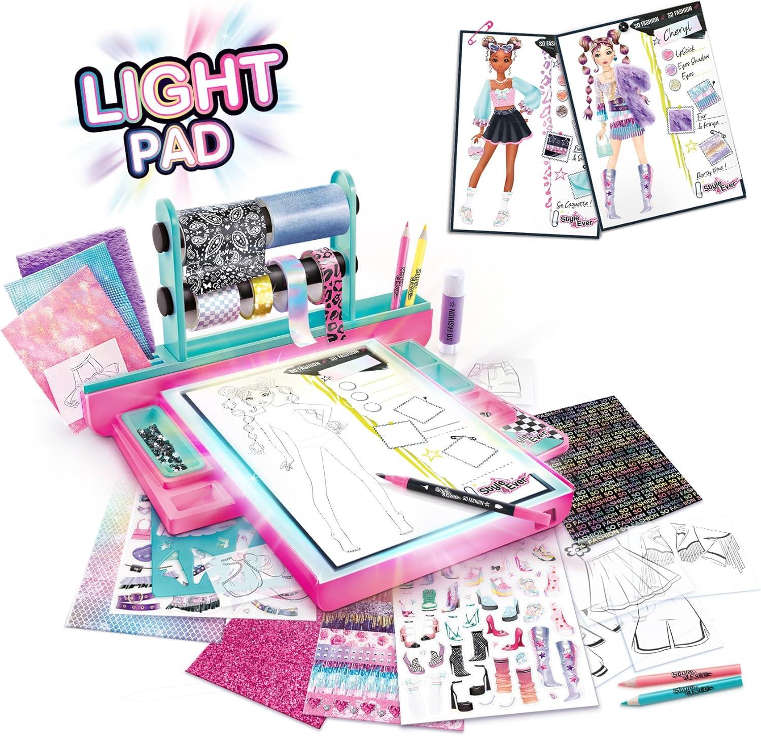 Style 4 Ever Fashion Designer Light Up Studio, Design Dream Outfits from Scratch, LED Drawing Pad, DIY Fashion Design Kit for Kids 6+ – Real Fabrics, Stickers & Gems Included