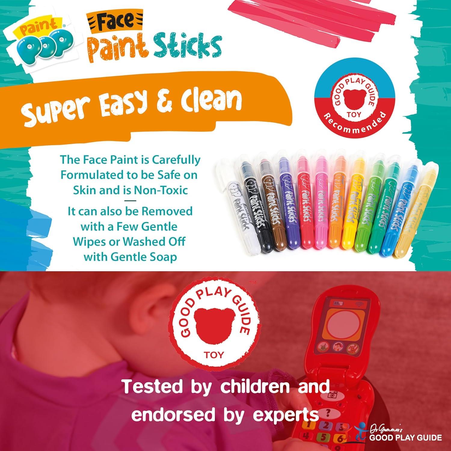 Paint Pop Paint Sticks For Kids - 12 Pack Face Paints Assorted Colours - Twist & Paint, Mess-Free, Fast Drying Action, Easy Clean Up, Vibrant Colours,25 Milliliters
