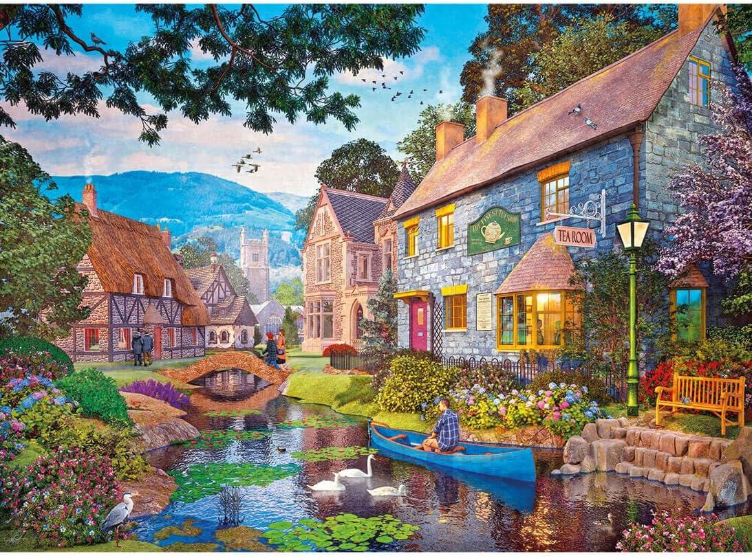 Gibsons Tea on the River 500 Piece Jigsaw Puzzle for Adults Teens Nostalgic Beautiful Colourful Village Countryside