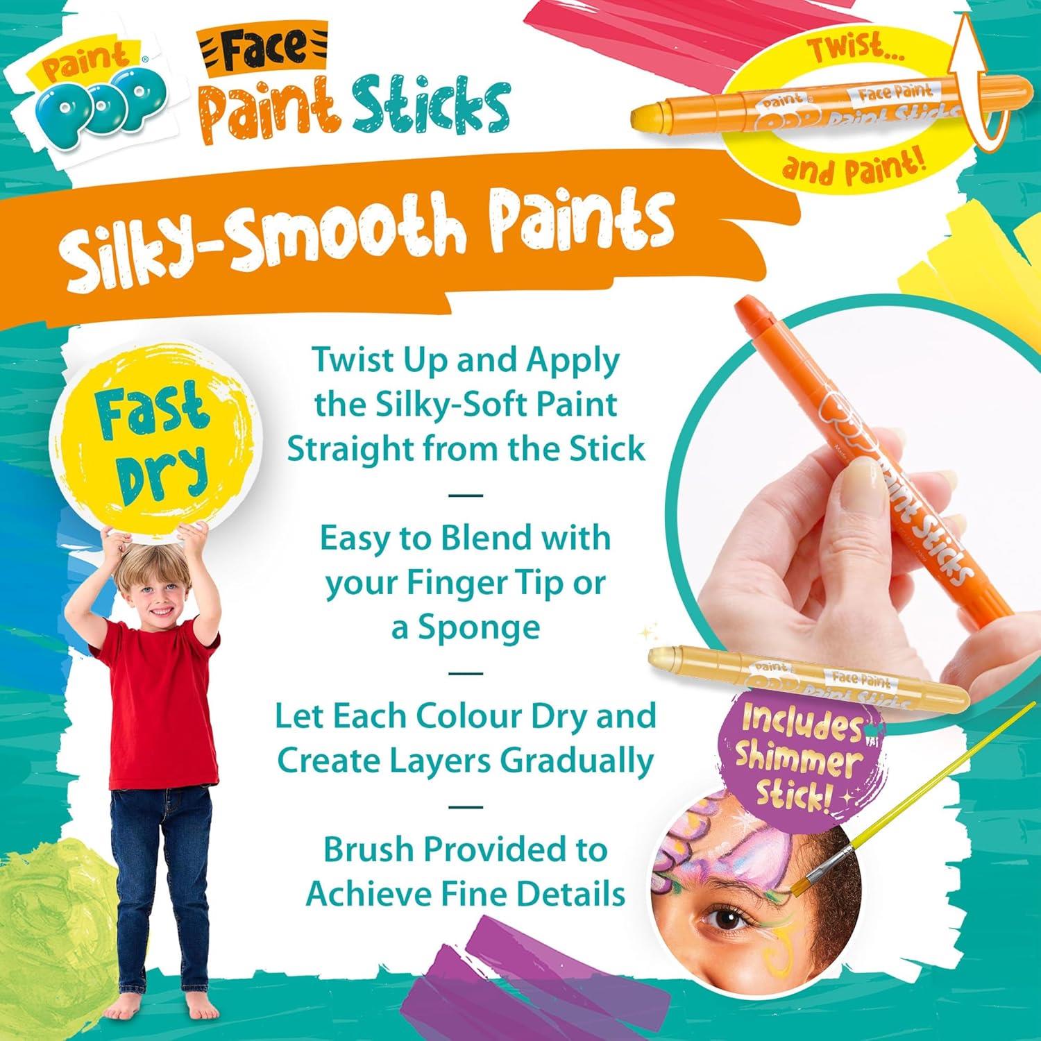 Paint Pop Paint Sticks For Kids - 12 Pack Face Paints Assorted Colours - Twist & Paint, Mess-Free, Fast Drying Action, Easy Clean Up, Vibrant Colours,25 Milliliters