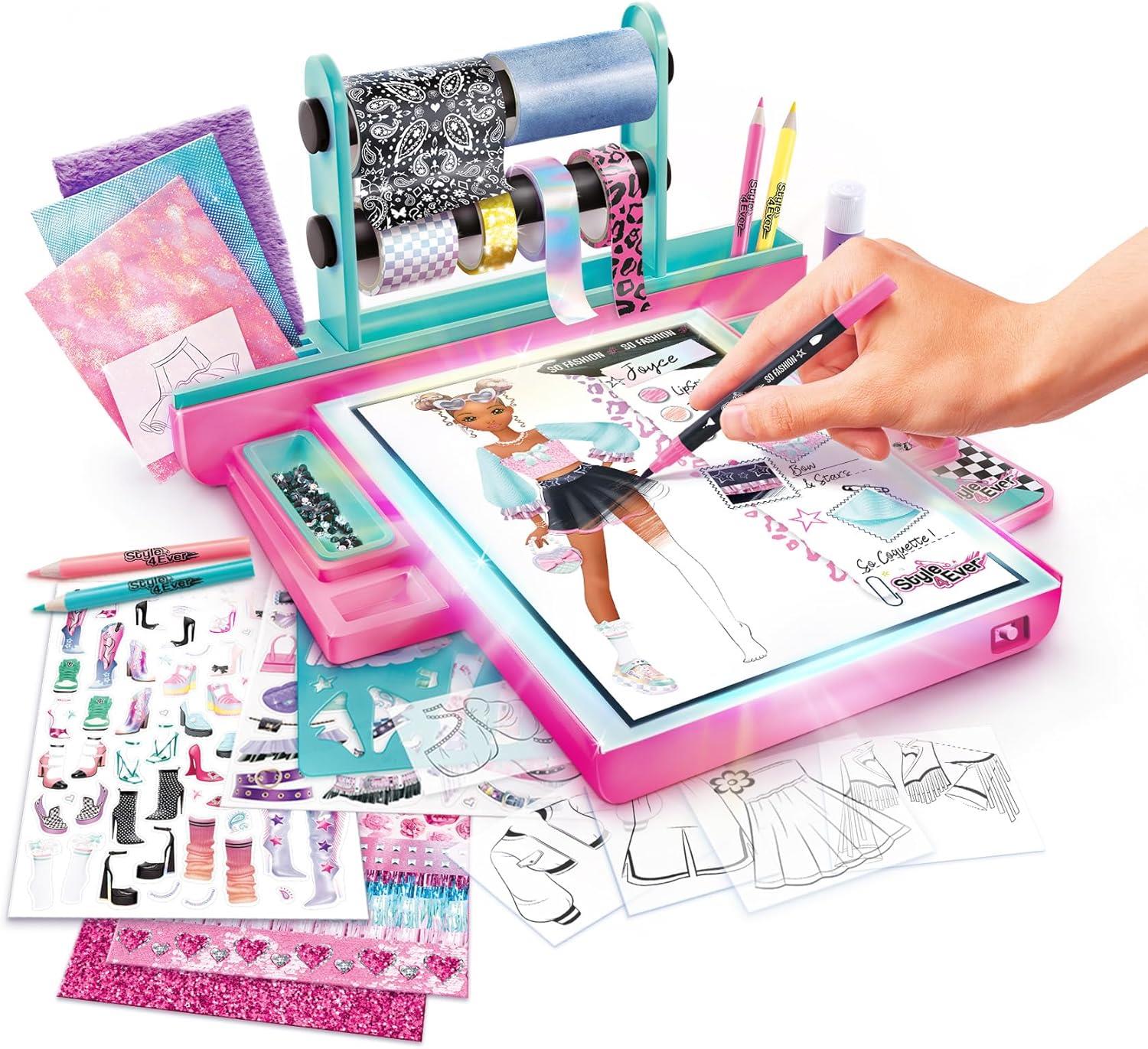 Style 4 Ever Fashion Designer Light Up Studio, Design Dream Outfits from Scratch, LED Drawing Pad, DIY Fashion Design Kit for Kids 6+ – Real Fabrics, Stickers & Gems Included
