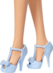 Barbie Fashionistas Doll #237 with Wavy Blonde Ponytail Wearing Blue Bow Halter Dress, Black Hair Bow Accessory and Matching Blue Heels