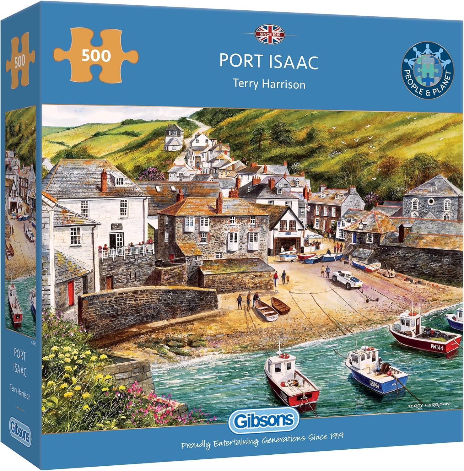 Gibsons Port Isaac 500 Piece Jigsaw Puzzle – Coastal Cornwall Harbour Scene by Terry Harrison – Traditional British Landscape Puzzle