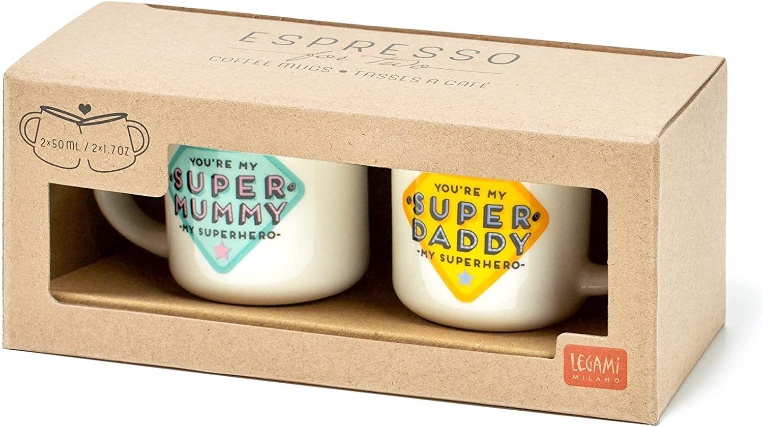 2 COFFEE MUGS - ESPRESSO FOR TWO - SUPER MUMMY AND SUPER DADDY