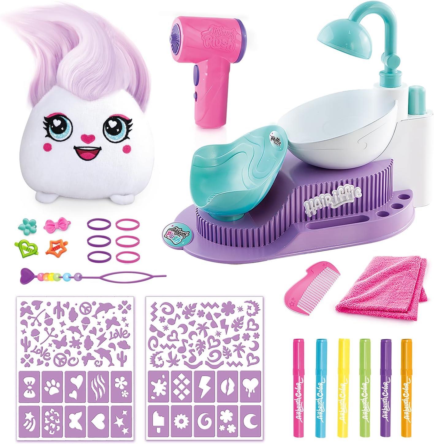 Airbrush Plush Hair’iffic Salon – Ultimate Custom Plush Makeover Kit with Battery Powered Airbrush, Washable Chalk Pens, Salon Shower, 120+ Stencils & 20+ Hair Accessories