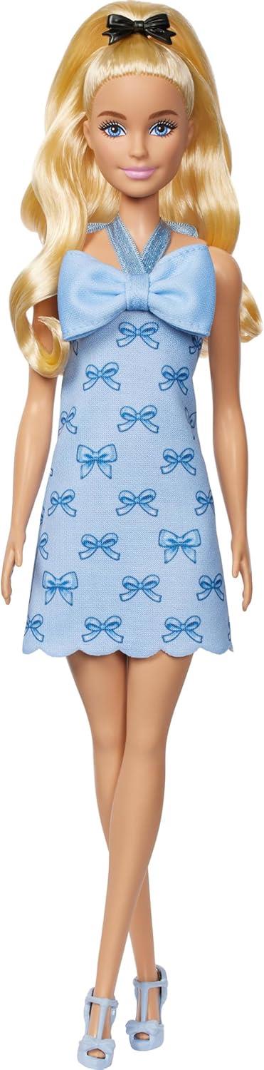 Barbie Fashionistas Doll #237 with Wavy Blonde Ponytail Wearing Blue Bow Halter Dress, Black Hair Bow Accessory and Matching Blue Heels