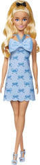 Barbie Fashionistas Doll #237 with Wavy Blonde Ponytail Wearing Blue Bow Halter Dress, Black Hair Bow Accessory and Matching Blue Heels
