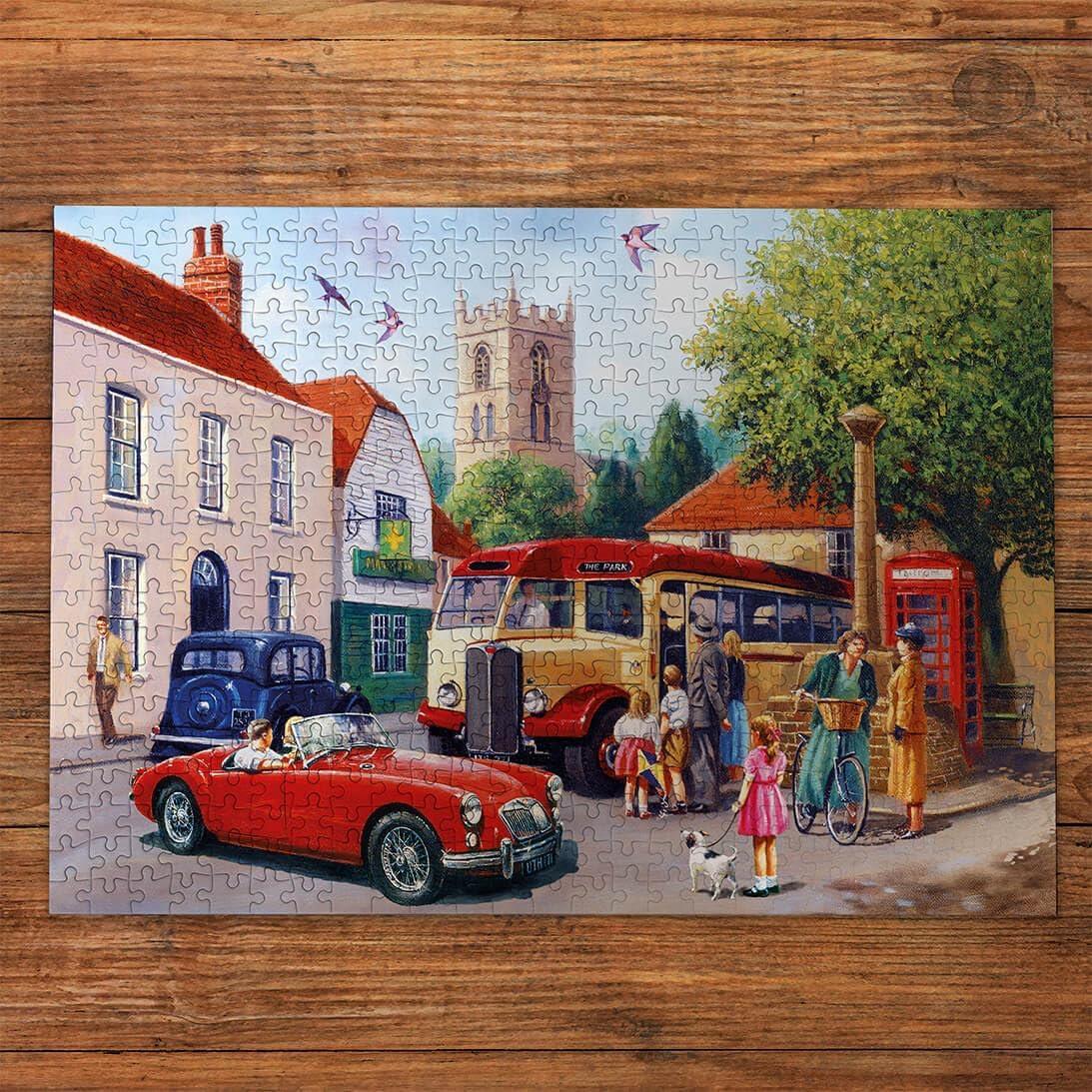 Gibsons Touring the Town 500 Piece Jigsaw Puzzle for Adults Vintage Cars & British Village Scene Nostalgic Countryside Gift