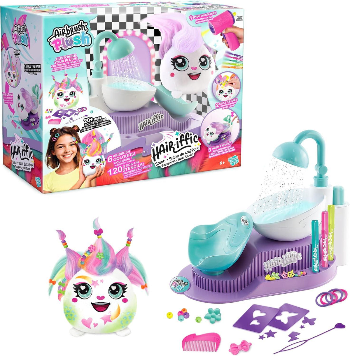 Airbrush Plush Hair’iffic Salon – Ultimate Custom Plush Makeover Kit with Battery Powered Airbrush, Washable Chalk Pens, Salon Shower, 120+ Stencils & 20+ Hair Accessories