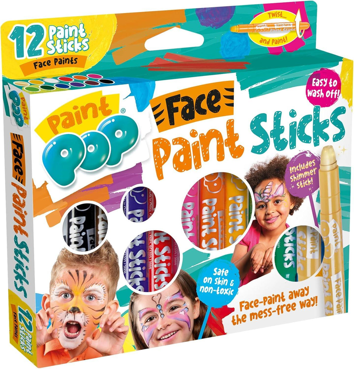 Paint Pop Paint Sticks For Kids - 12 Pack Face Paints Assorted Colours - Twist & Paint, Mess-Free, Fast Drying Action, Easy Clean Up, Vibrant Colours,25 Milliliters