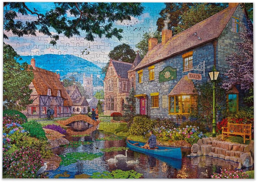 Gibsons Tea on the River 500 Piece Jigsaw Puzzle for Adults Teens Nostalgic Beautiful Colourful Village Countryside