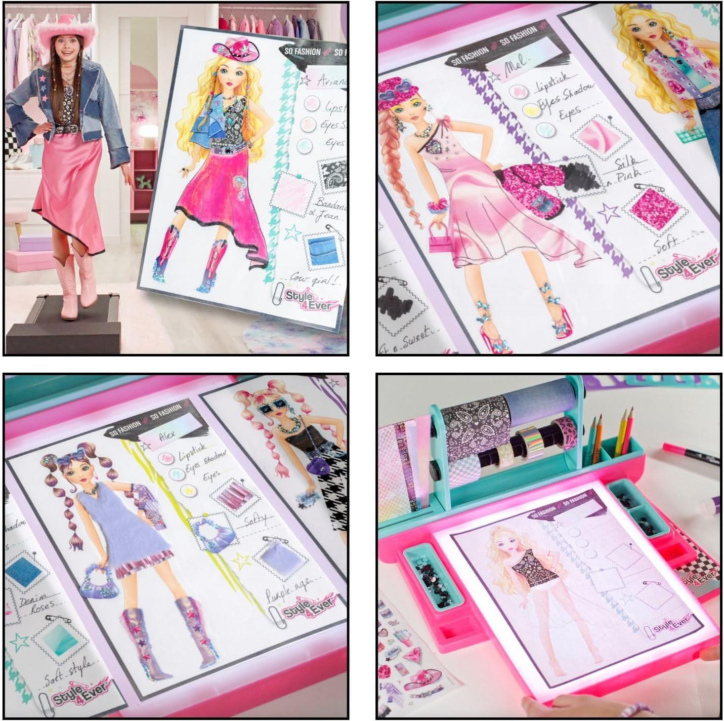 Style 4 Ever Fashion Designer Light Up Studio, Design Dream Outfits from Scratch, LED Drawing Pad, DIY Fashion Design Kit for Kids 6+ – Real Fabrics, Stickers & Gems Included