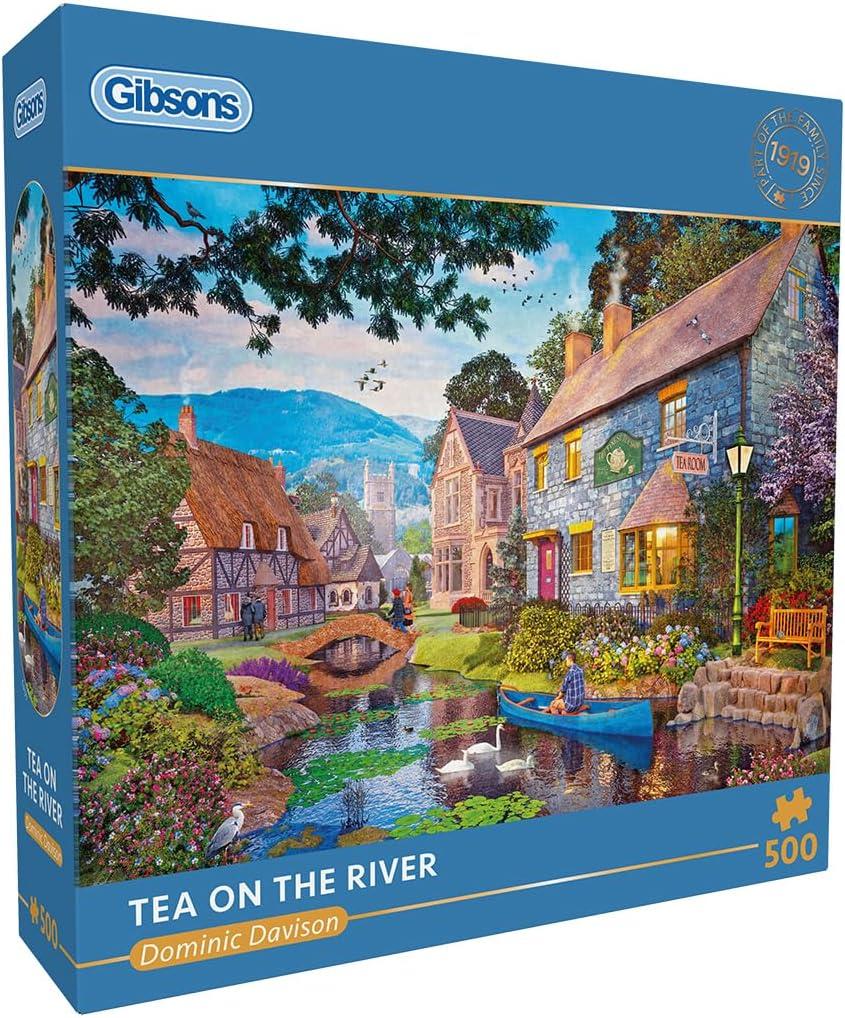 Gibsons Tea on the River 500 Piece Jigsaw Puzzle for Adults Teens Nostalgic Beautiful Colourful Village Countryside
