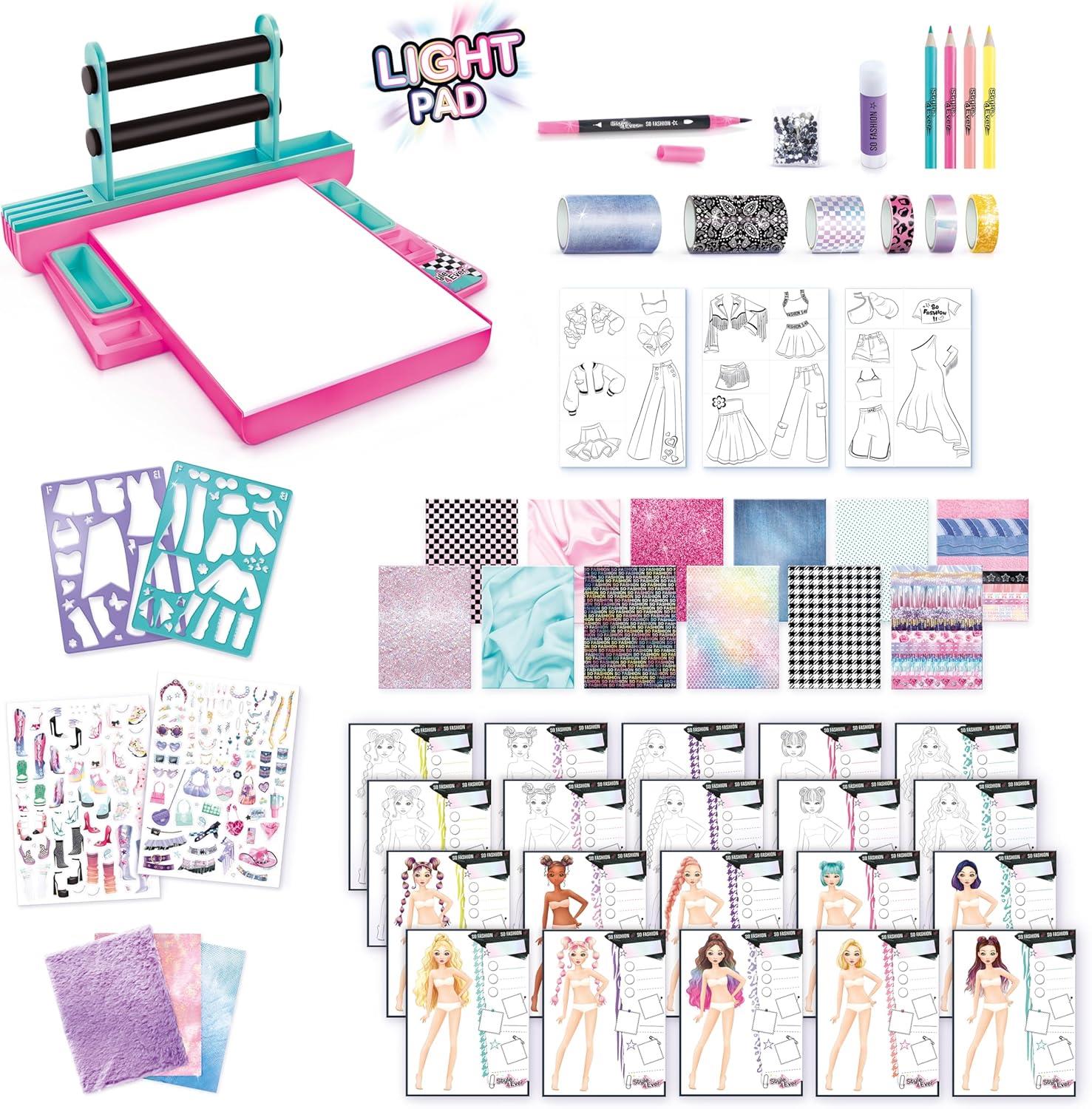Style 4 Ever Fashion Designer Light Up Studio, Design Dream Outfits from Scratch, LED Drawing Pad, DIY Fashion Design Kit for Kids 6+ – Real Fabrics, Stickers & Gems Included