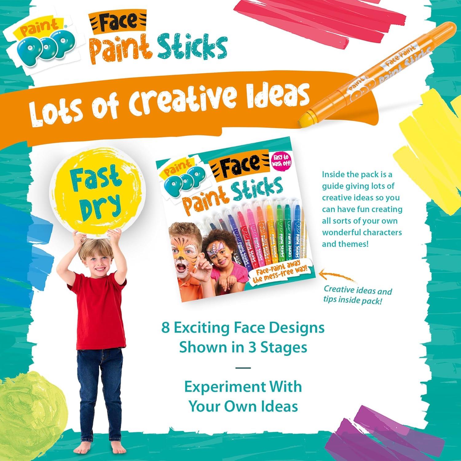 Paint Pop Paint Sticks For Kids - 12 Pack Face Paints Assorted Colours - Twist & Paint, Mess-Free, Fast Drying Action, Easy Clean Up, Vibrant Colours,25 Milliliters