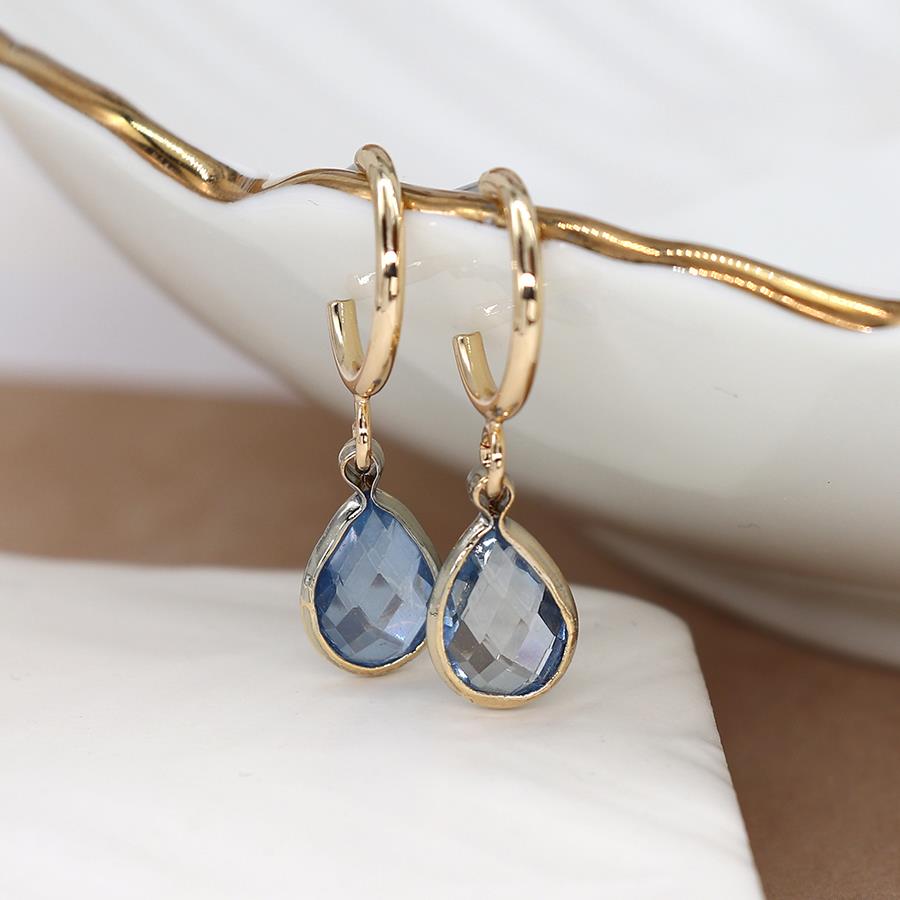 FAUX GOLD TEAR DROP SHAPED BLUE CRYSTAL DROP HOOP EARRINGS