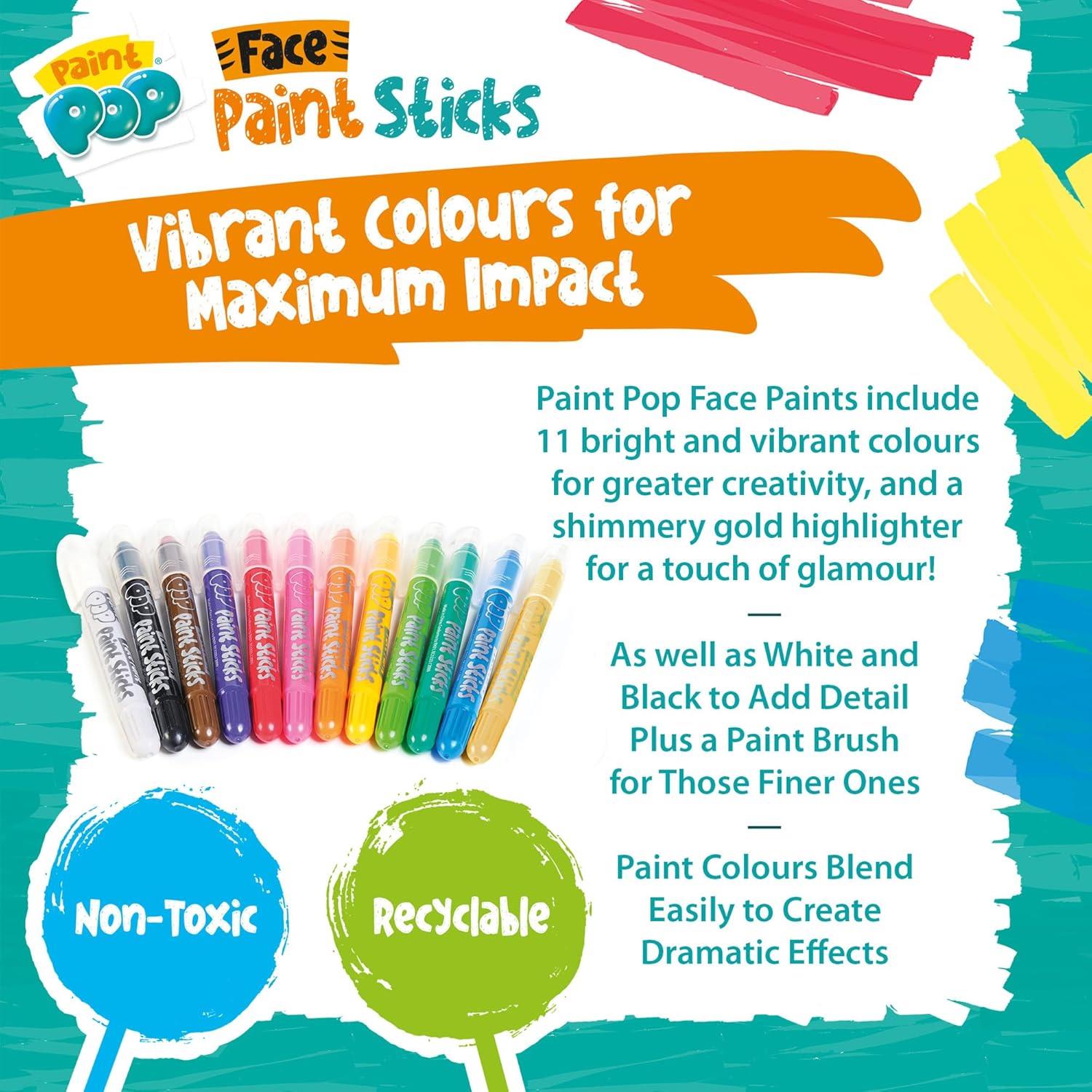 Paint Pop Paint Sticks For Kids - 12 Pack Face Paints Assorted Colours - Twist & Paint, Mess-Free, Fast Drying Action, Easy Clean Up, Vibrant Colours,25 Milliliters