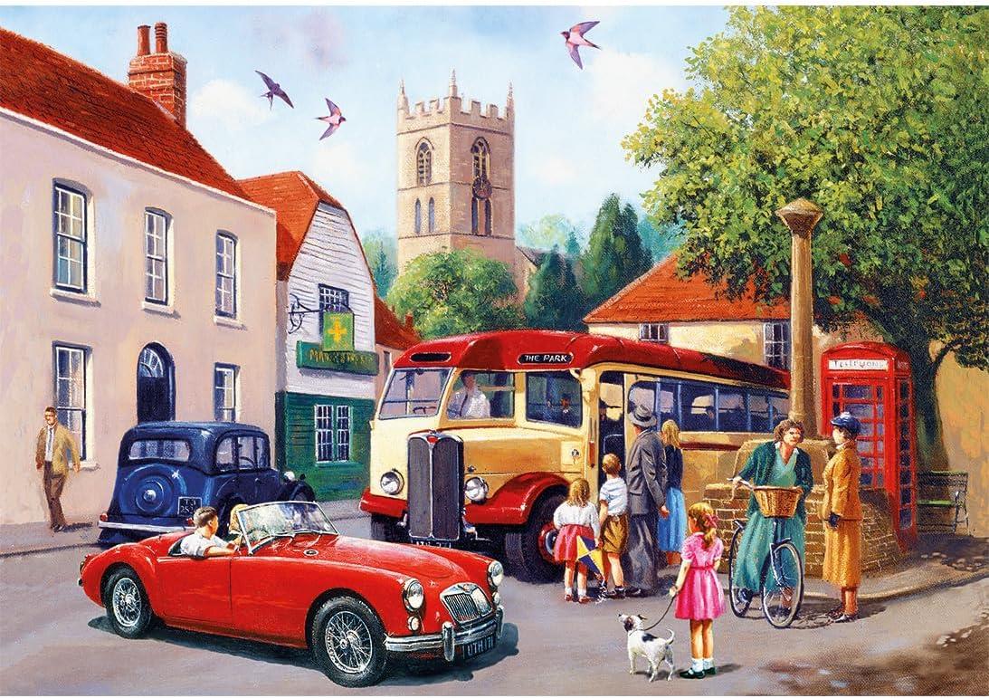 Gibsons Touring the Town 500 Piece Jigsaw Puzzle for Adults Vintage Cars & British Village Scene Nostalgic Countryside Gift