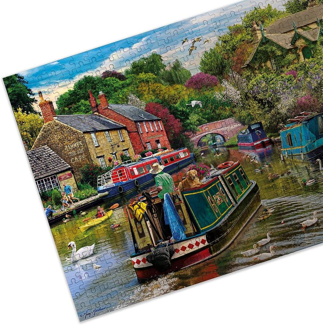 Gibsons River Retreat 500 Piece Jigsaw Puzzle Beautiful Colourful Artwork Canal Boats Nostalgic Sustainable Jigsaw Puzzle for Adults Teens Premium 100% Recycled Board Great Gift |